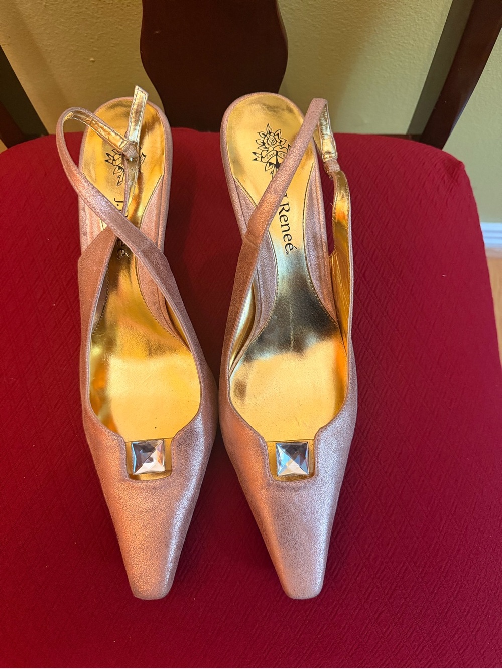 J.Renee Rose Gold Pointed Slingback Heels with Jewel Accent